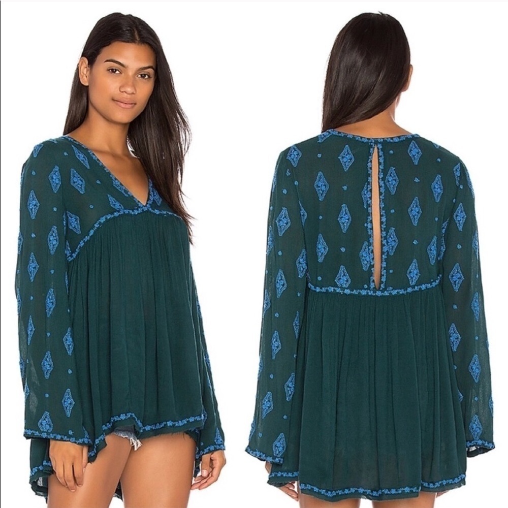 Free People Diamond Embroidered Tunic Green Blue